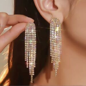 New Simple Gold Crystal Long Dangle Formal Earrings